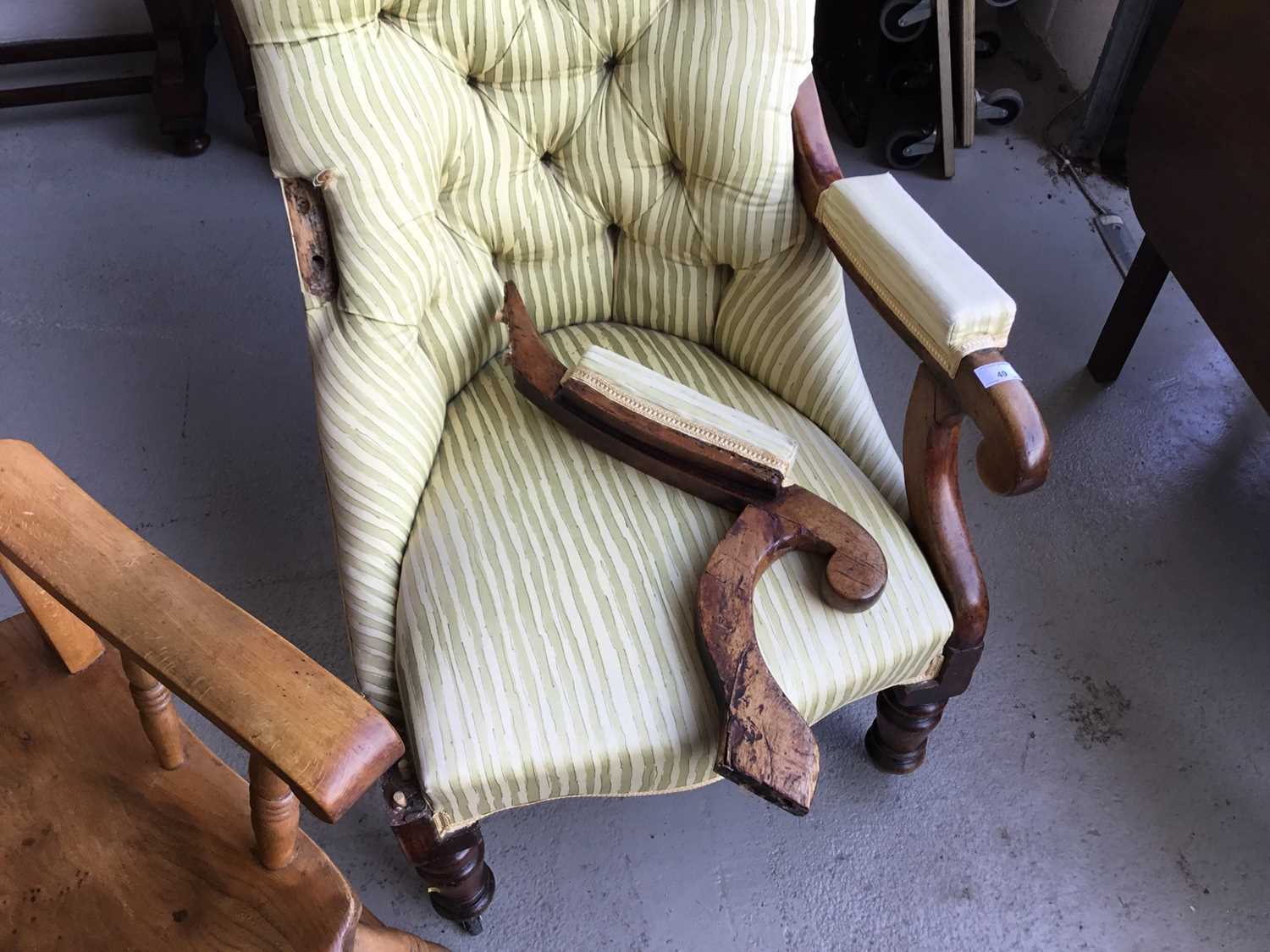 Victorian mahogany framed easy chair with scroll arms and striped buttoned upholstery together with - Image 2 of 2