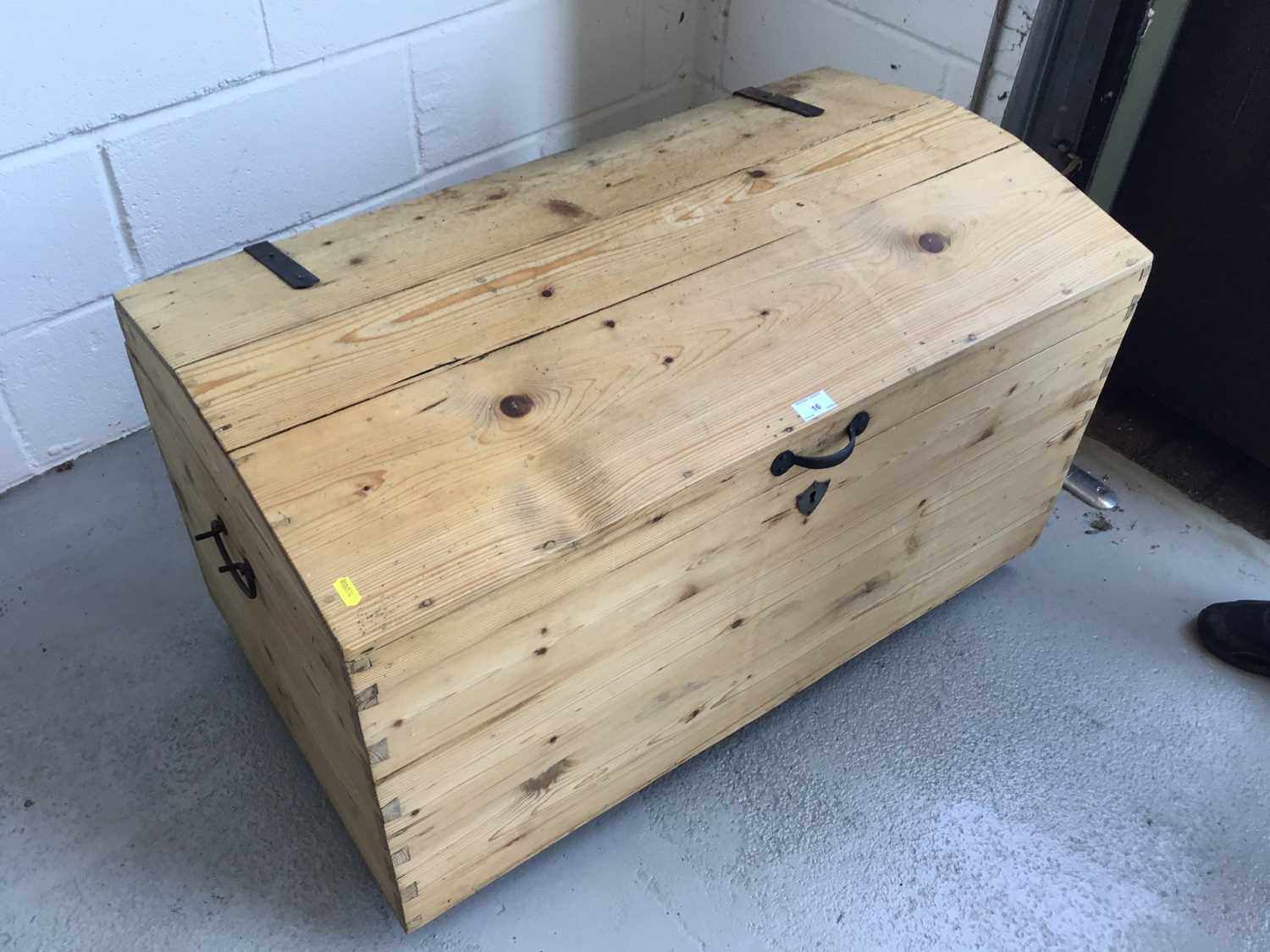 Antique pine dome topped trunk, with hinged lid and iron straps and handles, 94cm width, 55cm height