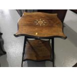 Edwardian rosewood two tier side table with shaped top and inlaid decoration, 51 x 64cm