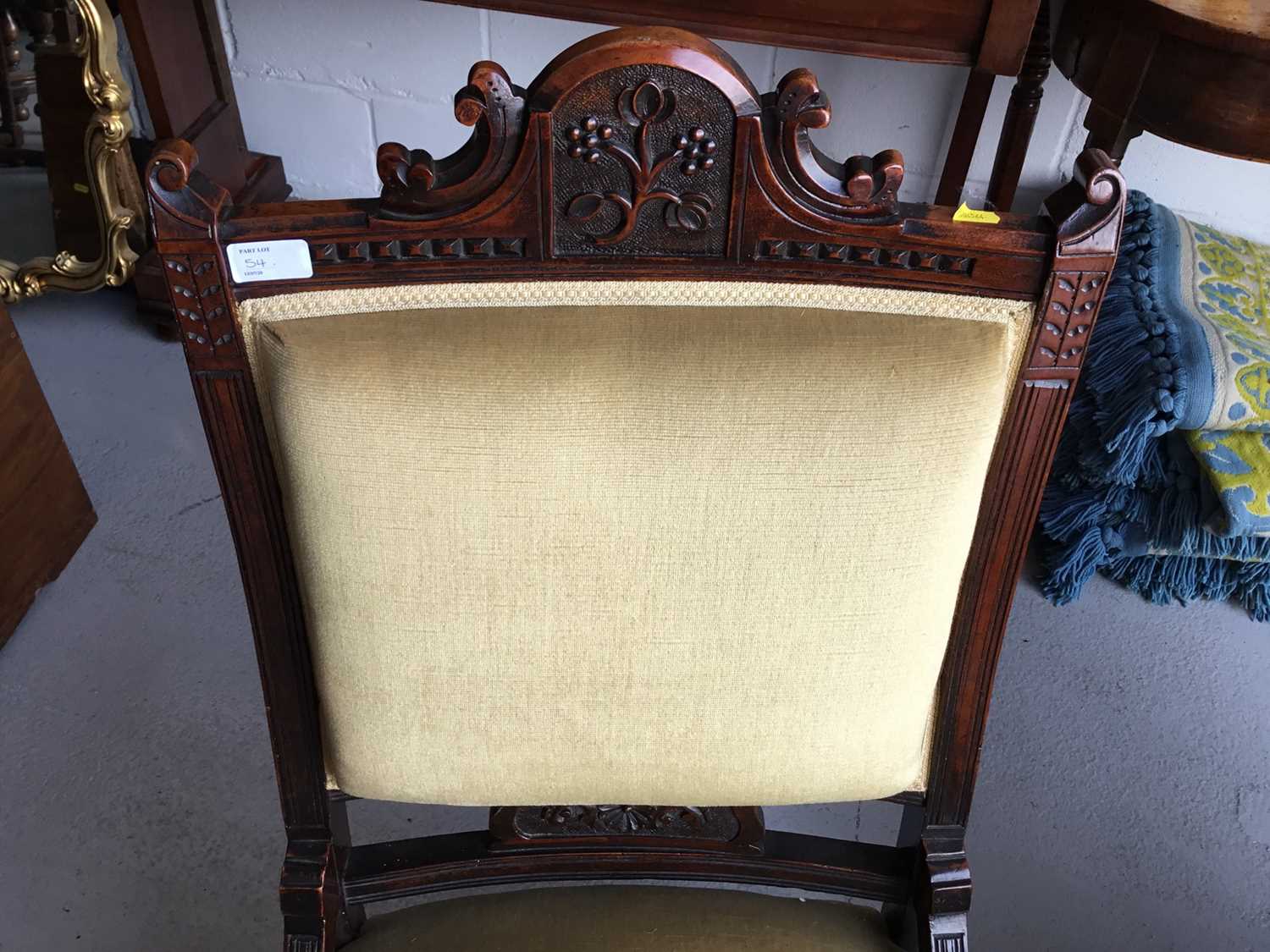 Edwardian carved wood armchair with green velvet upholstery and padded arms, on turned legs together - Image 3 of 3