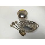 Silver bon bon dish, silver topped cut glass jar and three silver golf related teaspoons