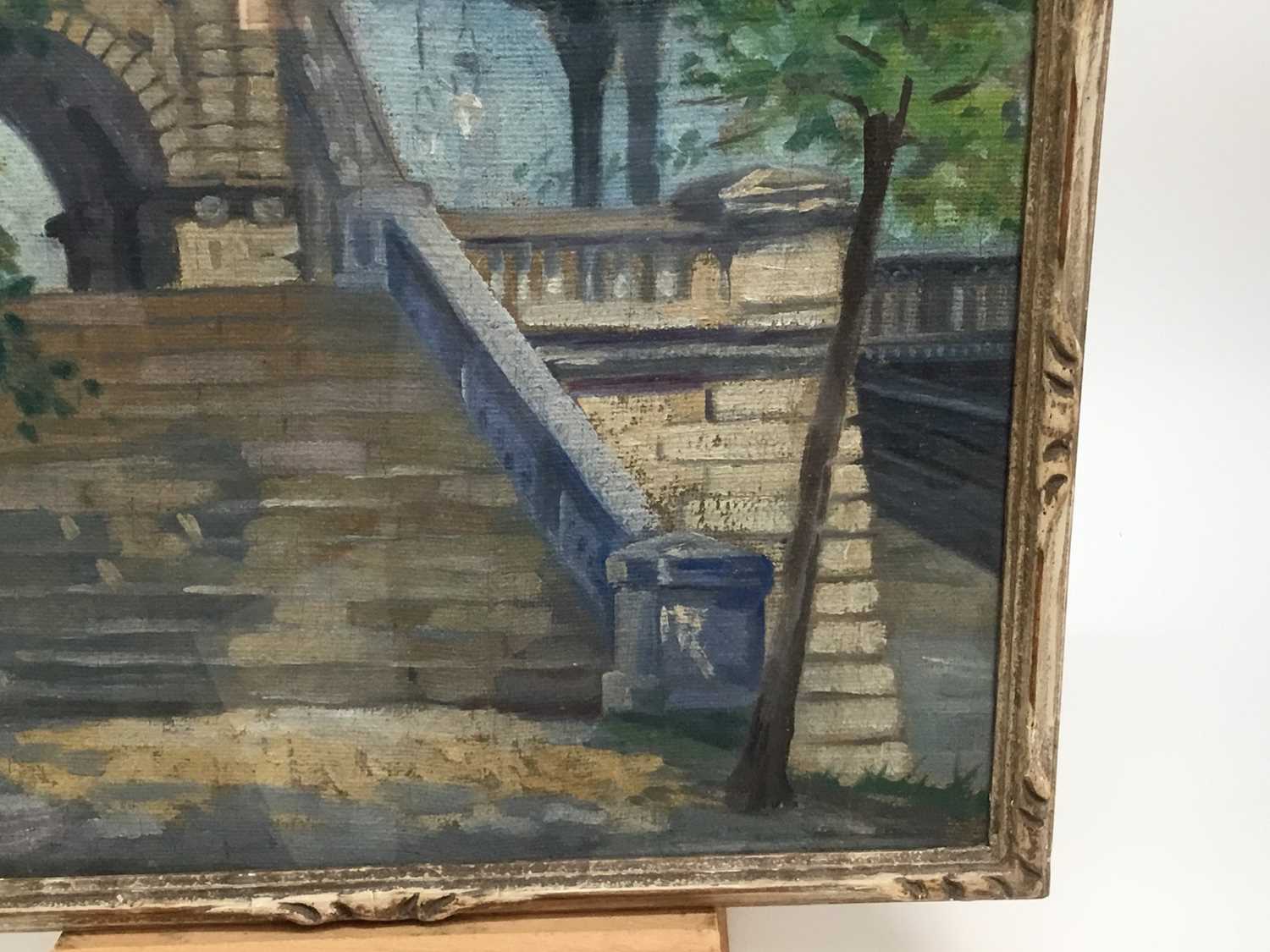 English School, early 20th century, oil on canvas - Steps and bridge, possibly London 37 x 48cm, gla - Image 2 of 4