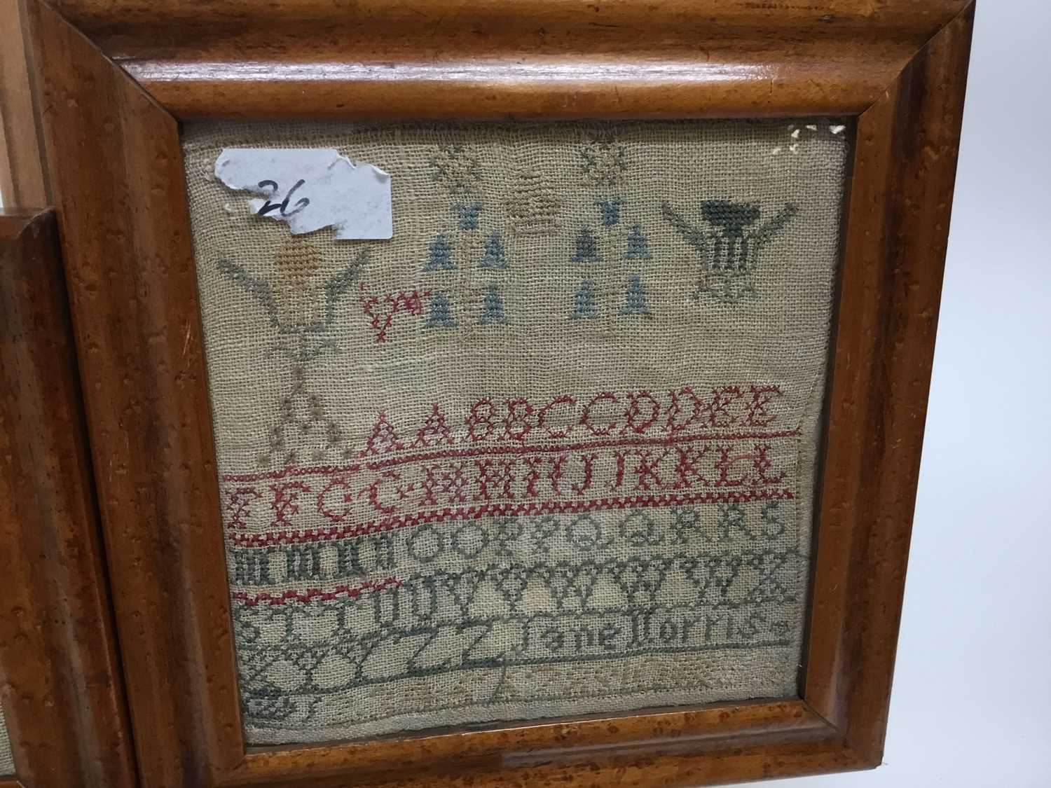 Victorian sampler, together with framed textile fragment and two samplers in birds eye maple frames - Image 4 of 5