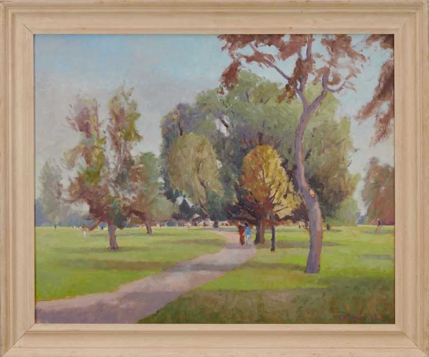 David Britton , contemporary, oil on board - Clissold Park, London, signed, framed, 60cm x 75cm