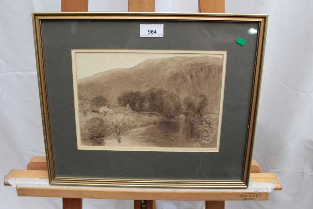 Attributed to Alfred Williams Hunt - sepia watercolour river landscape. - Image 2 of 4