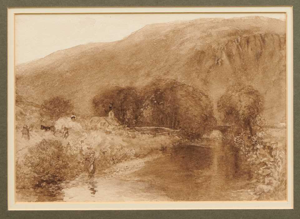 Attributed to Alfred Williams Hunt - sepia watercolour river landscape.
