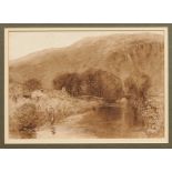 Attributed to Alfred Williams Hunt - sepia watercolour river landscape.