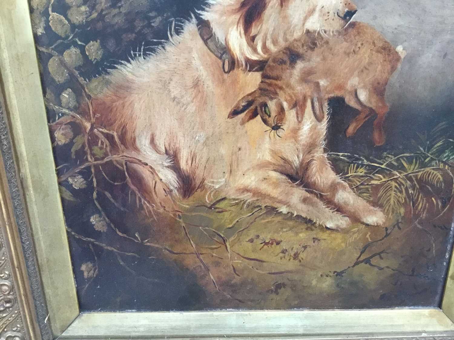 Manner of Edward Armfield, late 19th century, oil on artist board, Terrier with a rabbit, in gilt fr - Image 3 of 4
