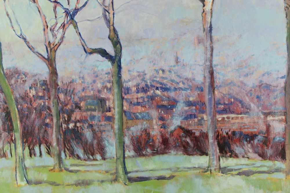 David Britton , contemporary, oil on canvas - Sheffield from Meresbrook Park, framed, 32cm x 101cm