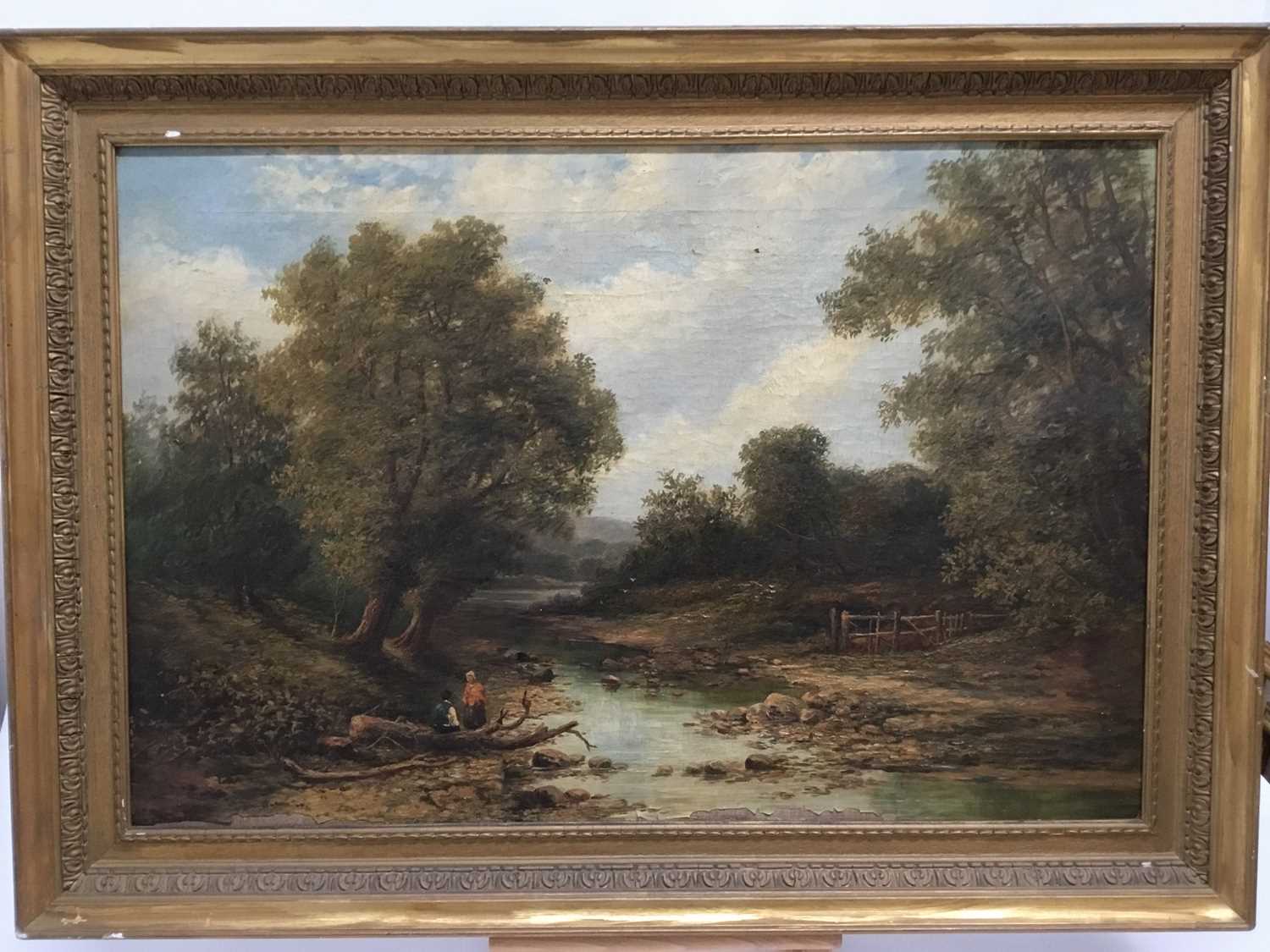 19th century English School oil on canvas - figures by a river bank, in gilt frame