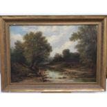 19th century English School oil on canvas - figures by a river bank, in gilt frame