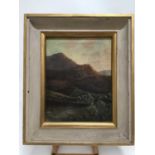Edwardian English school oil on canvas study of a mountainous landscape in white painted frame