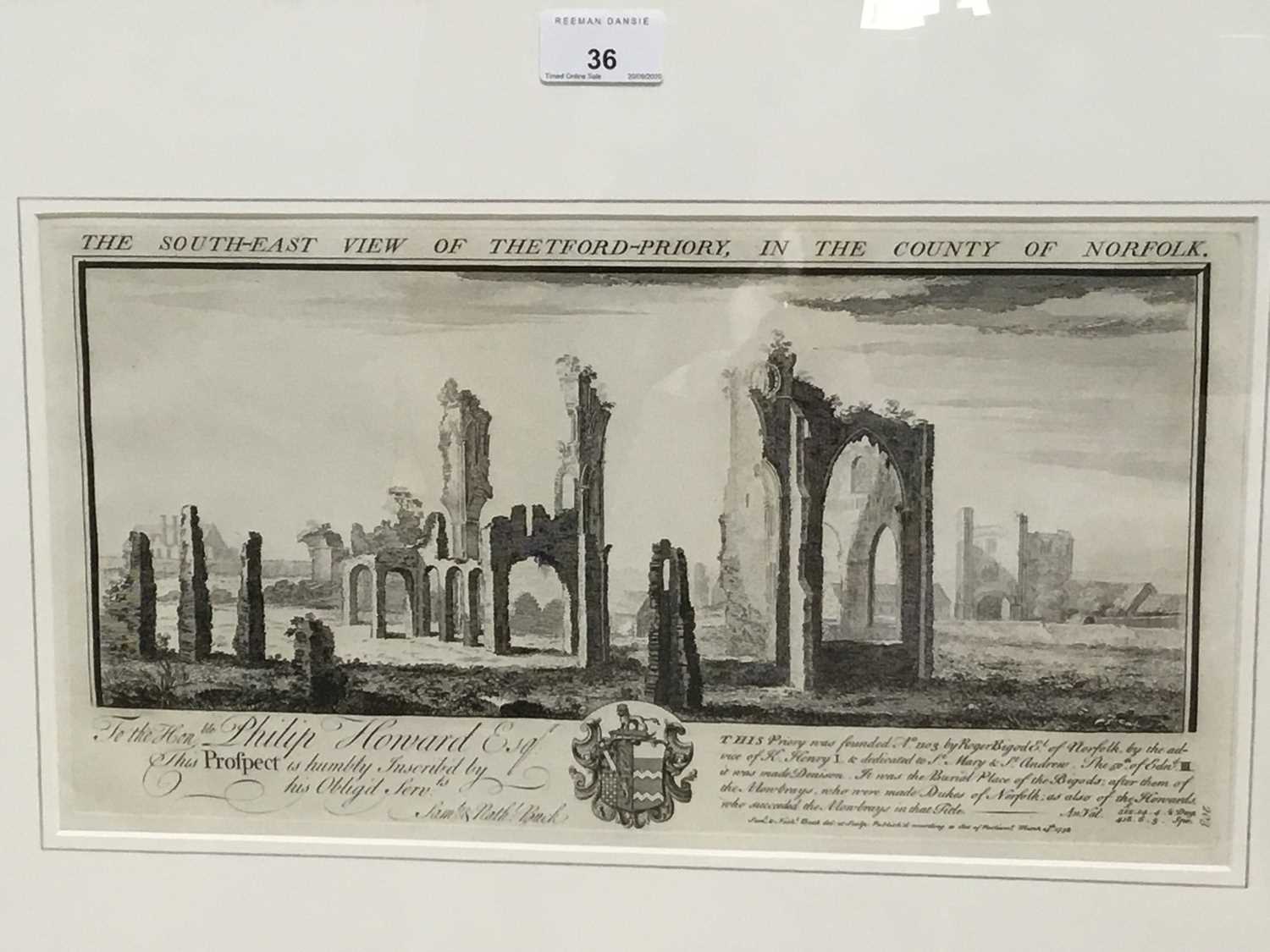 Samuel and Nathaniel Buck, 18th century engraving depicting the South East view of Thetford Priory,