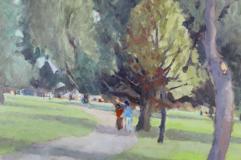 David Britton , contemporary, oil on board - Clissold Park, London, signed, framed, 60cm x 75cm - Image 4 of 5