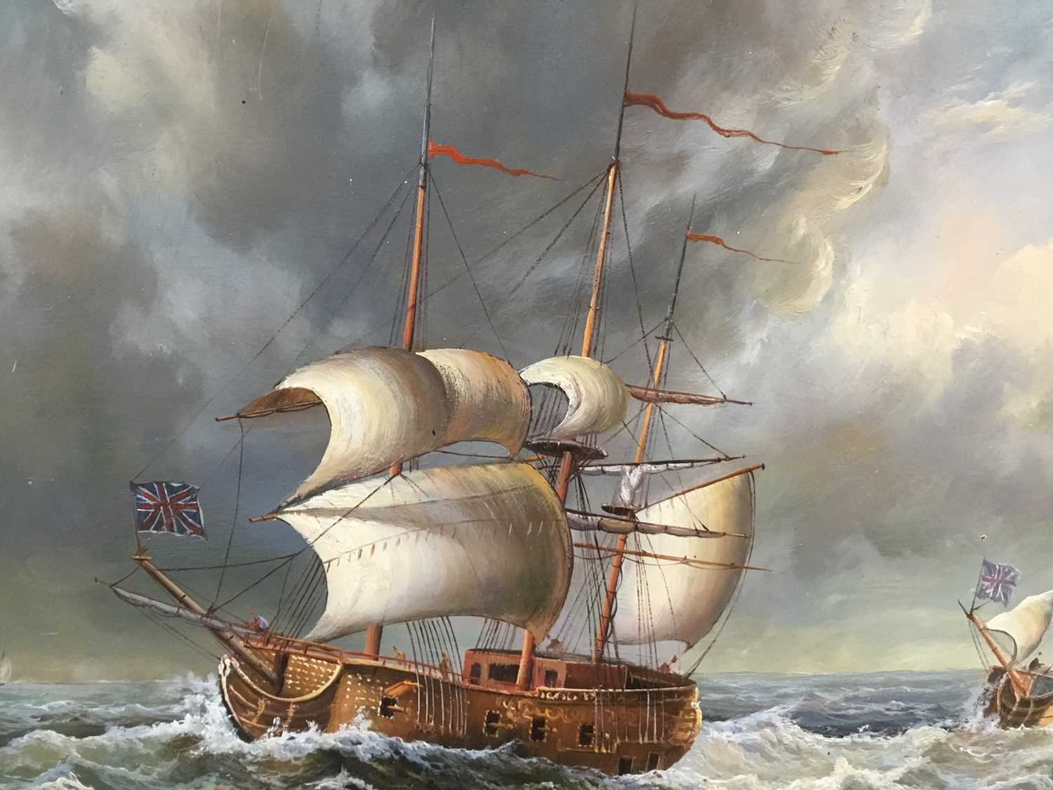 English School, 20th century, oil on panel, A man o' war and another vessel in choppy seas, in gilt - Image 2 of 4