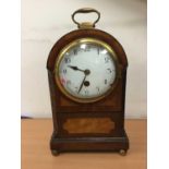 Late 19th century inlaid mahogany mantel clock with circular white enamel dial, in dome topped case