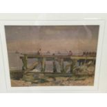 East Anglian School, early 20th century, watercolour, fishing off a jetty, 17 x 38cm, glazed frame
