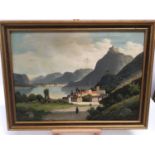Swiss School, late 19th century, oil on canvas, A mountainous lakeland scene with figures by a villa