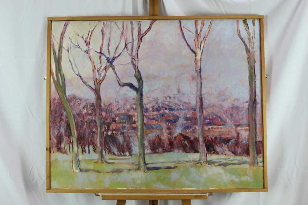 David Britton , contemporary, oil on canvas - Sheffield from Meresbrook Park, framed, 32cm x 101cm - Image 2 of 3