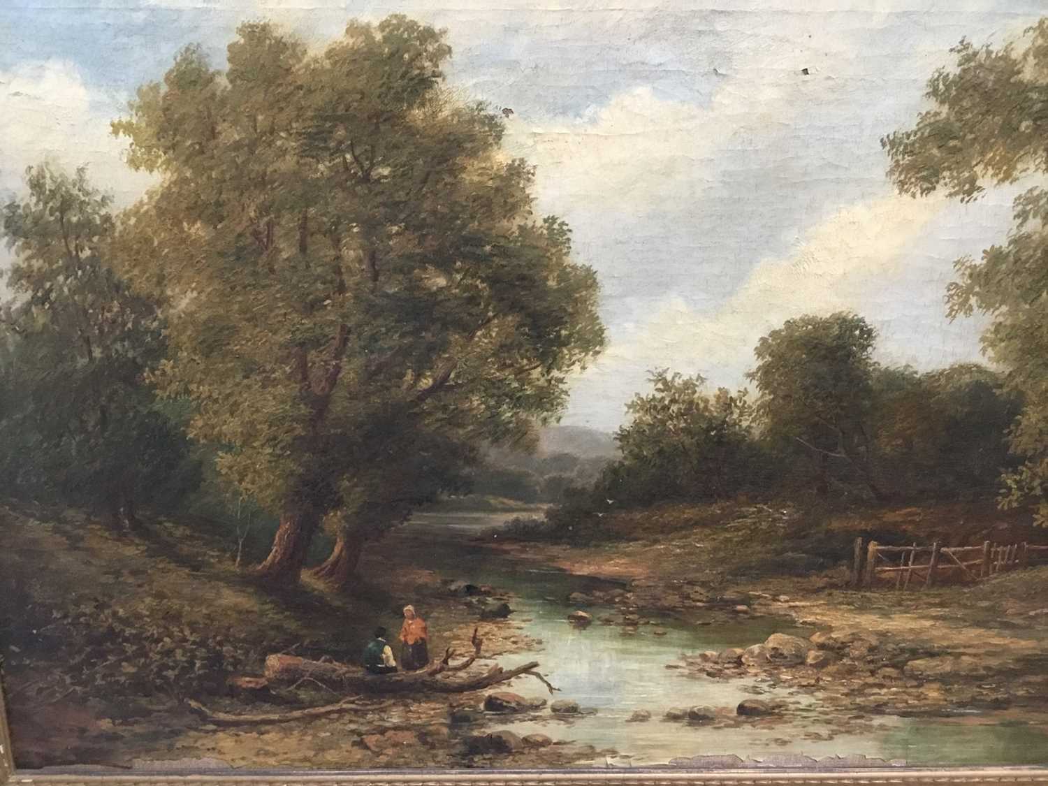 19th century English School oil on canvas - figures by a river bank, in gilt frame - Image 8 of 9