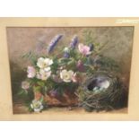 Slater, late Victorian watercolour - still life of flowers and birds eggs in a nest, signed, in glaz