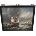 English School, 20th century, oil on panel, A man o' war and another vessel in choppy seas, in gilt