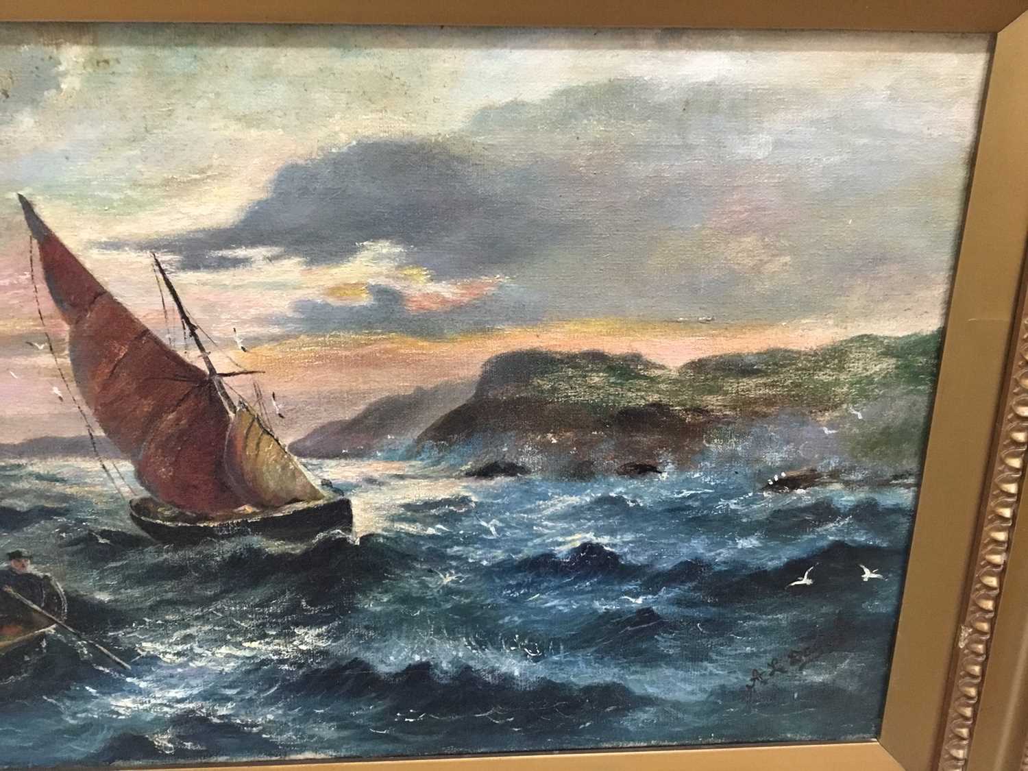 A.L. Dogley, late 19th century, oil on canvas, Coastal scene with a dinghy and yacht off rocks, sign - Image 4 of 5