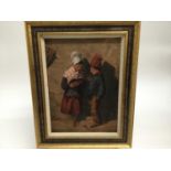 Dutch School, 19th century, oil on panel, Two children with a kitten, in gilt and painted frame, 35c