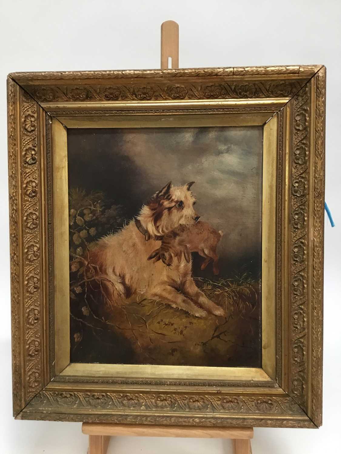 Manner of Edward Armfield, late 19th century, oil on artist board, Terrier with a rabbit, in gilt fr