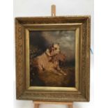 Manner of Edward Armfield, late 19th century, oil on artist board, Terrier with a rabbit, in gilt fr