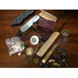 Box of assorted items to include 19th century leather covered jewellery box, wooden snuff boxes, car