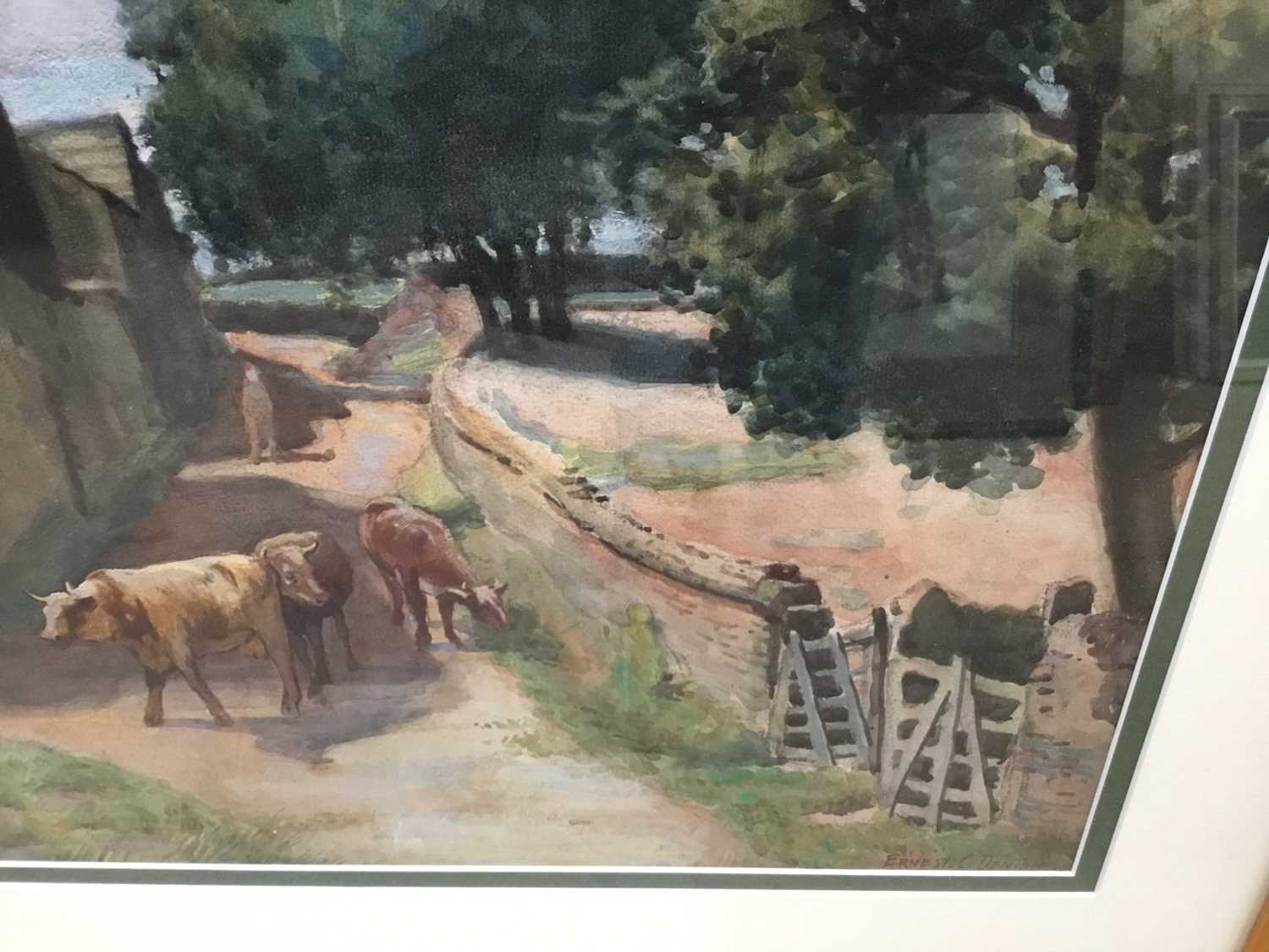 Ernest C Denton (early 20th century) watercolour - cattle in a lane, signed 44 x 68cm, glazed frame - Image 3 of 5