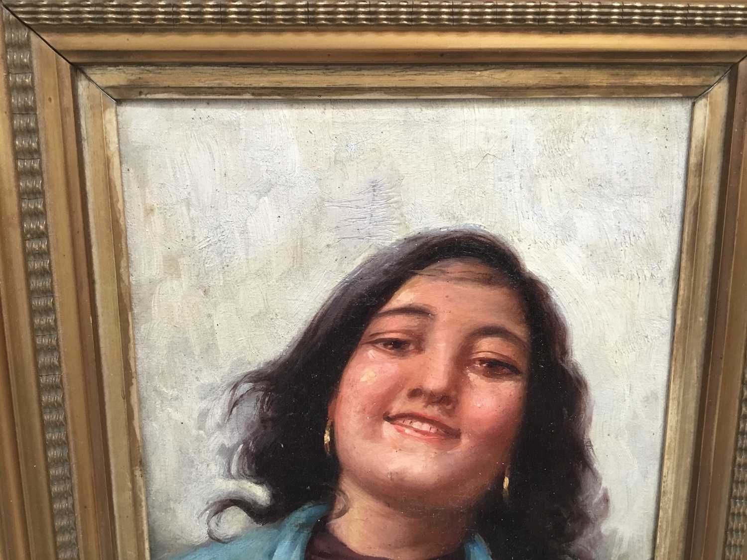 Italian School, 19th century, oil on canvas, Portrait of a pretty girl, indistinctly signed, in gilt - Image 2 of 4