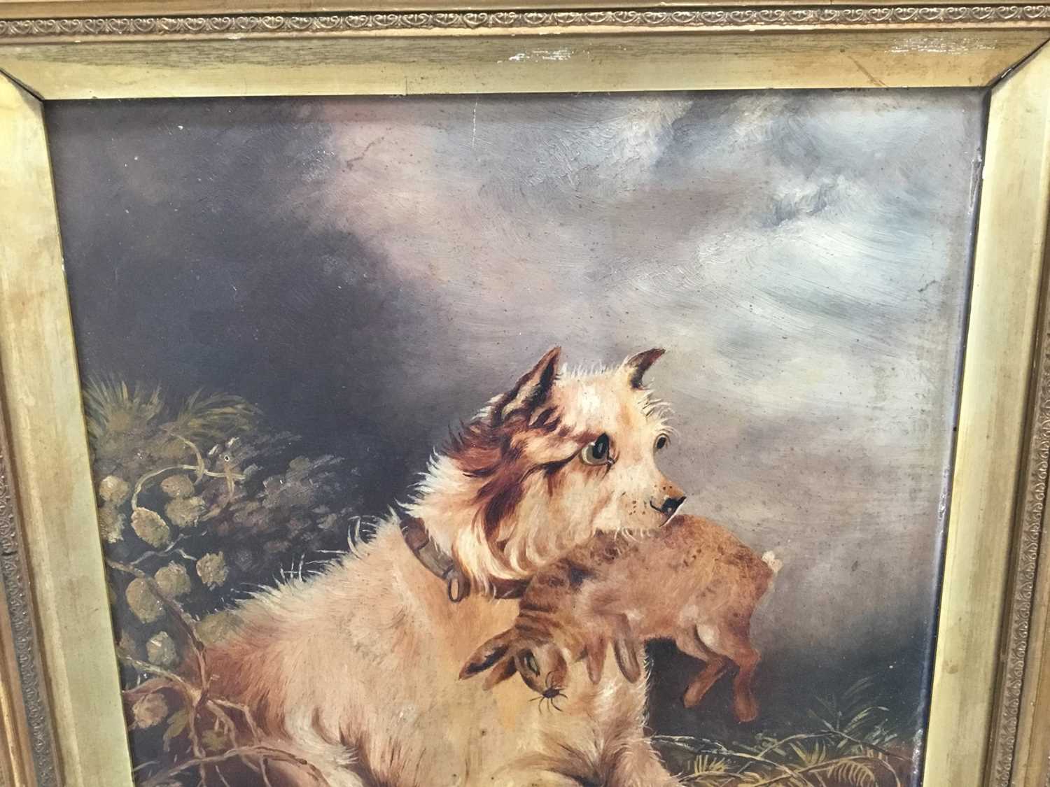 Manner of Edward Armfield, late 19th century, oil on artist board, Terrier with a rabbit, in gilt fr - Image 2 of 4