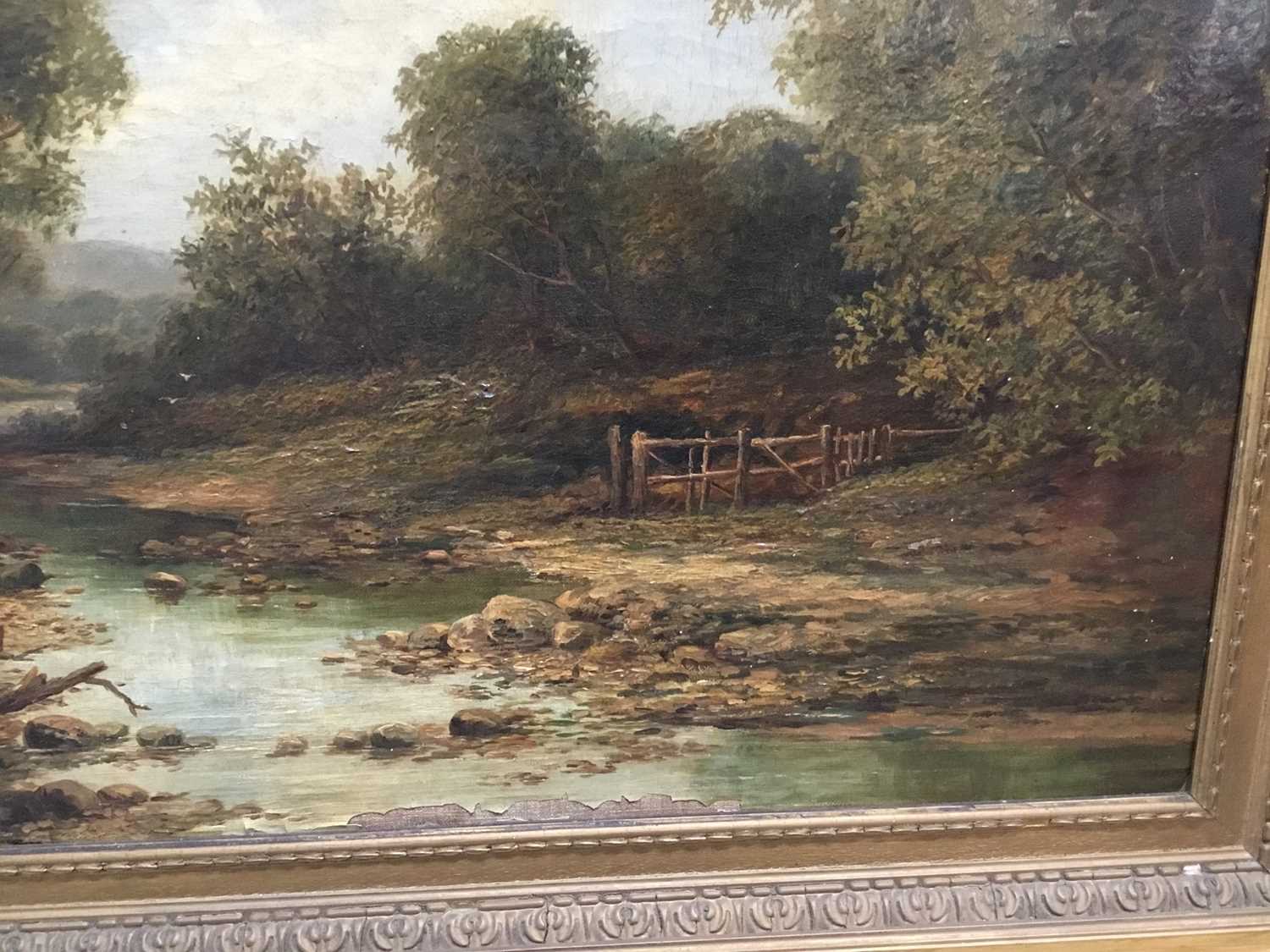 19th century English School oil on canvas - figures by a river bank, in gilt frame - Image 6 of 9