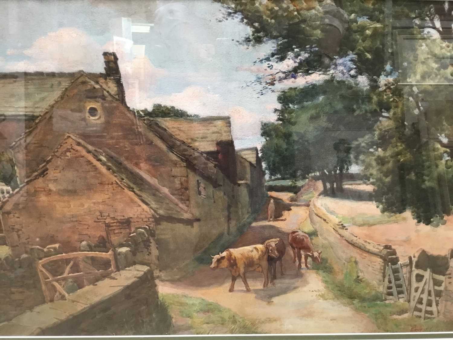 Ernest C Denton (early 20th century) watercolour - cattle in a lane, signed 44 x 68cm, glazed frame