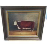 J. Box 20th century - A Horned Bull in a Barn, signed, oil on canvas laid on board