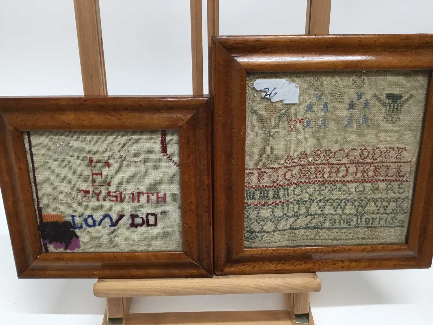 Victorian sampler, together with framed textile fragment and two samplers in birds eye maple frames - Image 2 of 5