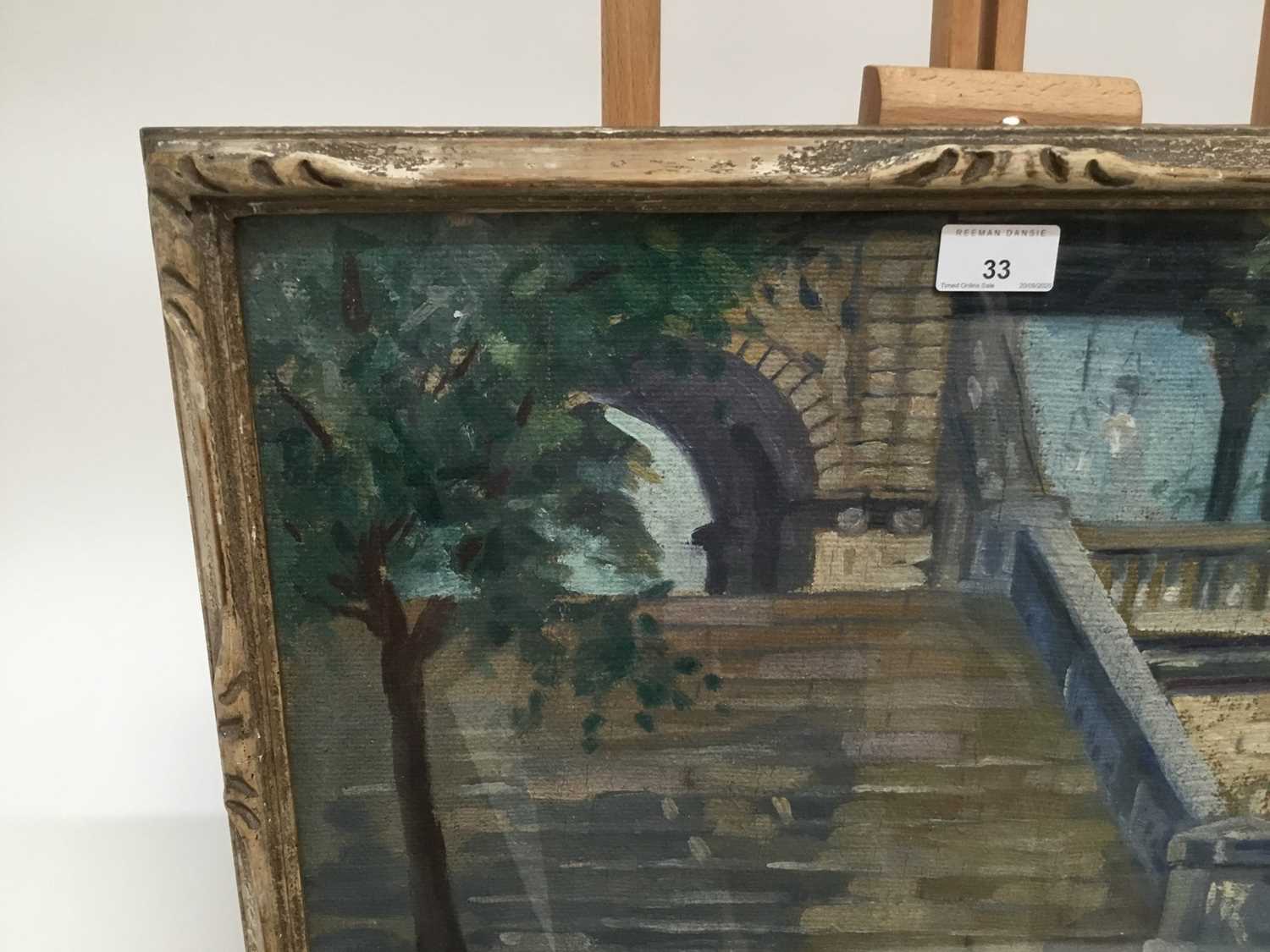 English School, early 20th century, oil on canvas - Steps and bridge, possibly London 37 x 48cm, gla - Image 3 of 4