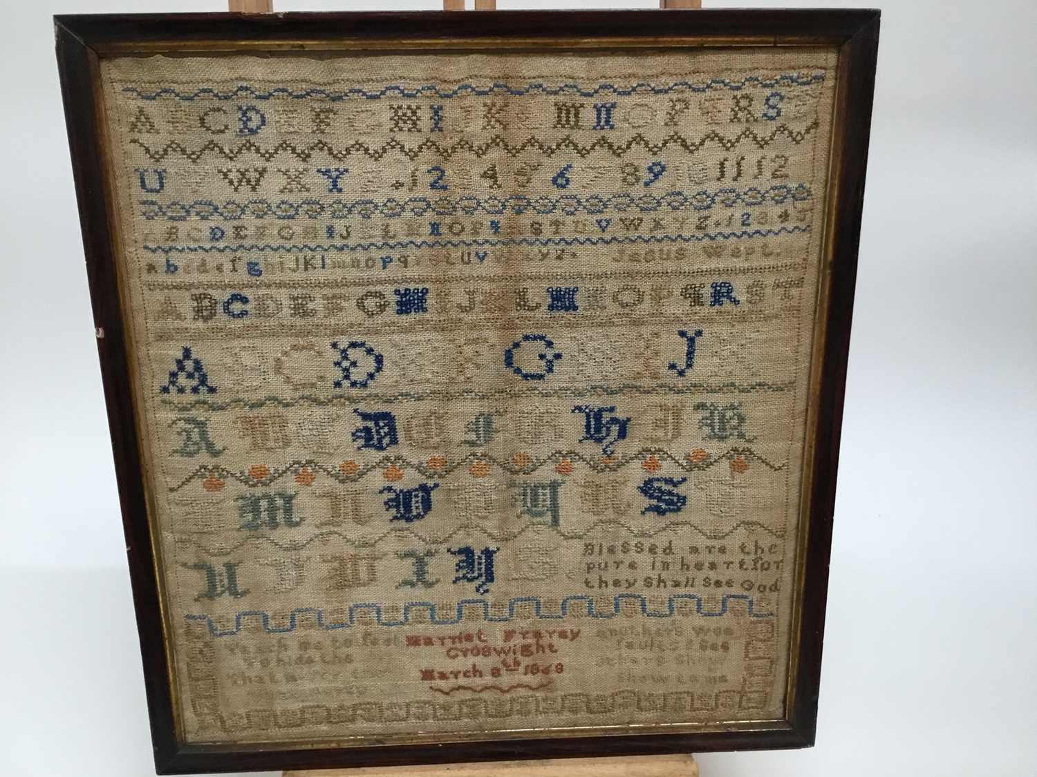 Victorian sampler, together with framed textile fragment and two samplers in birds eye maple frames - Image 5 of 5