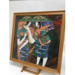 Three mid 20th century highly decorative mixed media works on paper depicting figures, indistinctly