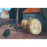 David Britton, contemporary, oil on board - Pigs and Straw Bales, signed, framed, 55cm x 60cm