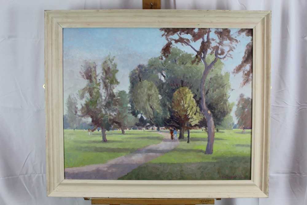 David Britton , contemporary, oil on board - Clissold Park, London, signed, framed, 60cm x 75cm - Image 2 of 5