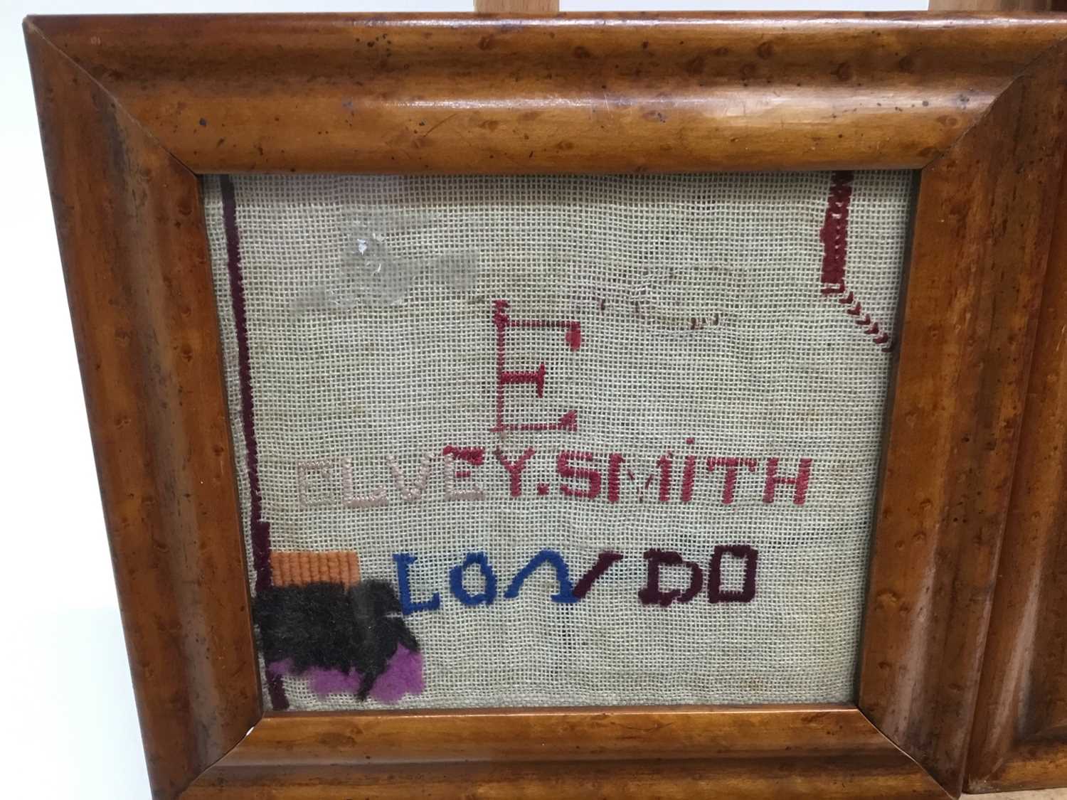 Victorian sampler, together with framed textile fragment and two samplers in birds eye maple frames - Image 3 of 5