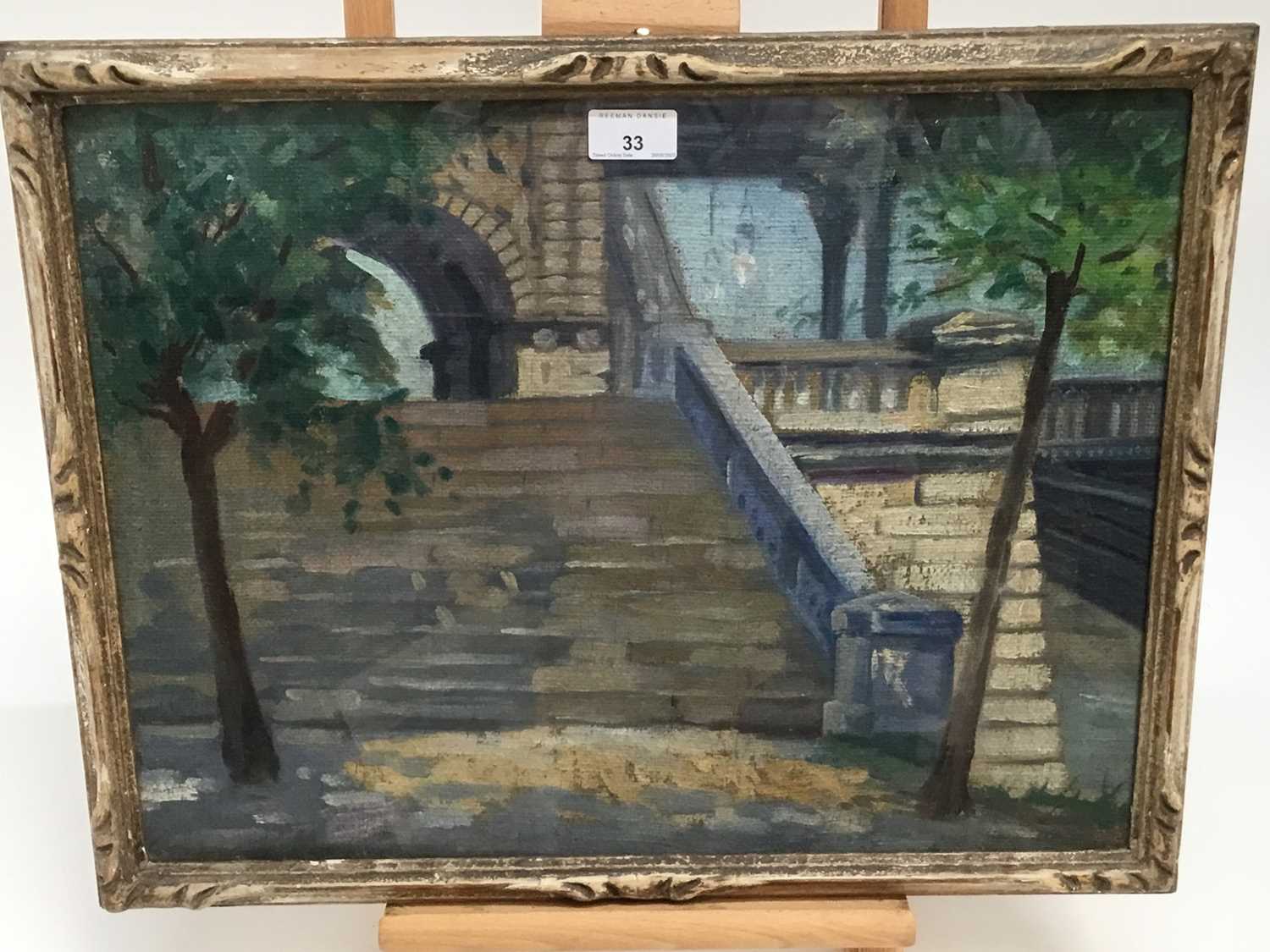 English School, early 20th century, oil on canvas - Steps and bridge, possibly London 37 x 48cm, gla