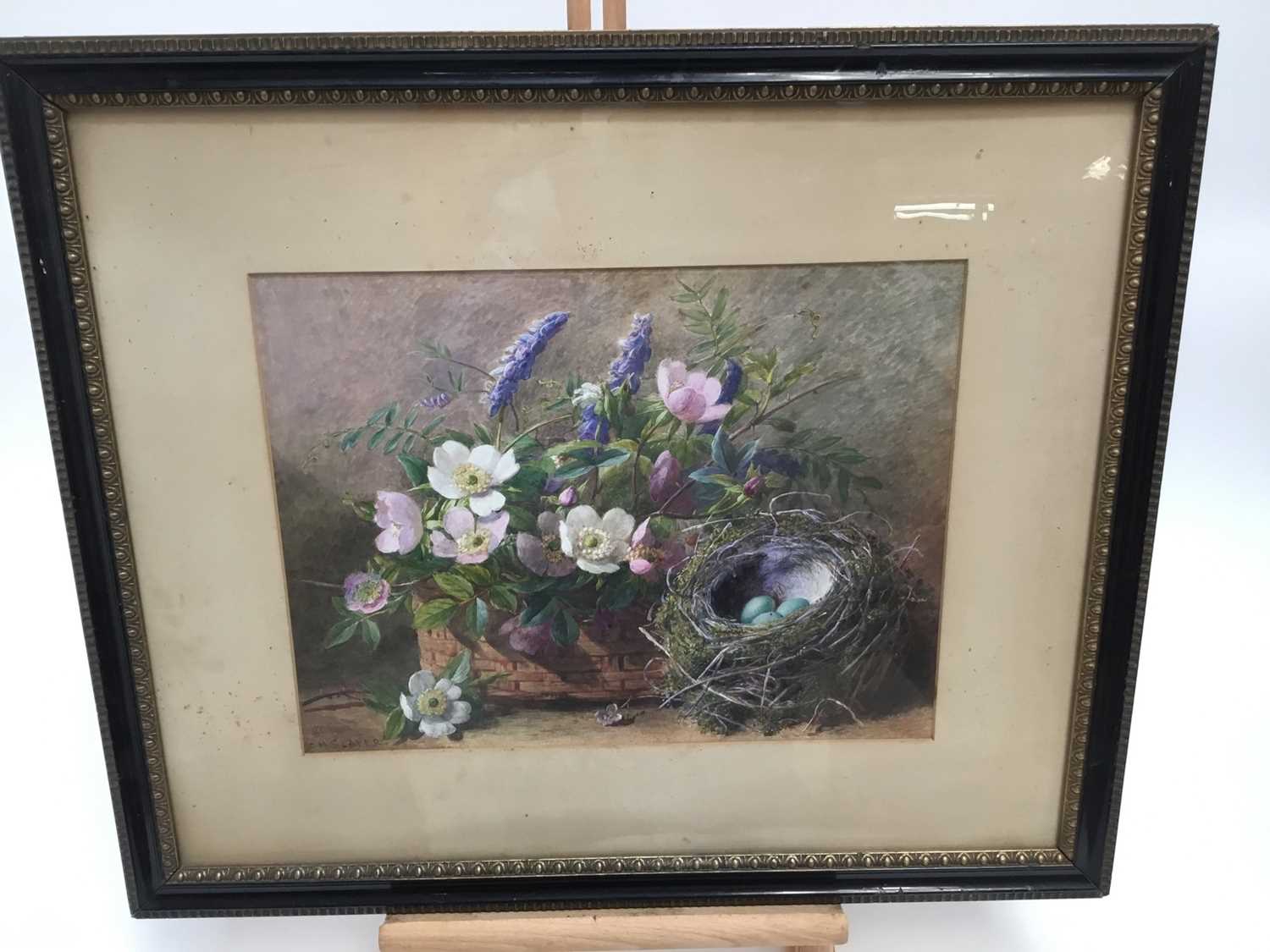 Slater, late Victorian watercolour - still life of flowers and birds eggs in a nest, signed, in glaz - Image 2 of 5