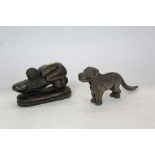 Erotic bronze sculpture size 6"x4" signed AB1876 and a cast iron and brass antique nut cracker, Dog,