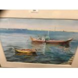 Chalk study of boats moored in glazed frame together with others