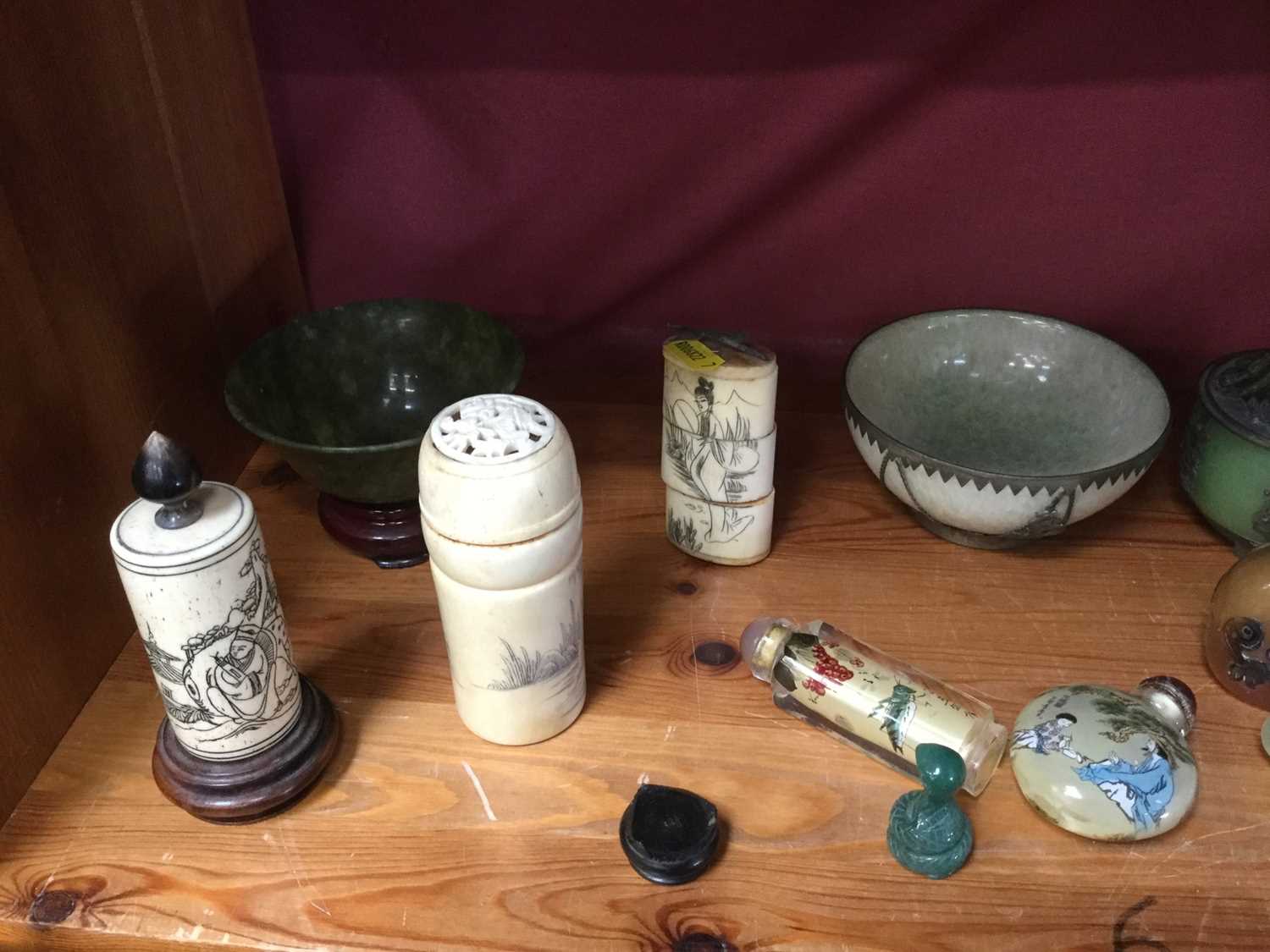 Chinese carved and pierced hardstone Bi disc, three Chinese greenstone bowls, Chinese snuff bottles - Image 2 of 2