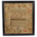 George IV silkwork sampler, by Ann Campling 1822, with alphabet and lyric verse in foliate border, 3